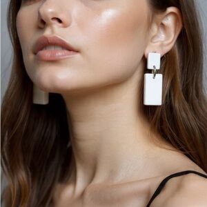 White Two-Tier Rectangle Dangle Studs - Handmade Earrings